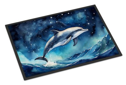 Dolphin in a Starry Sea Doormat Front Door Mat Indoor Outdoor Rugs for Entryway, Non Slip Washable Low Pile, 24H X 36W