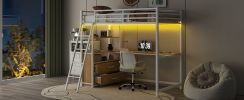 Twin Size Metal&Wood Loft Bed with Desk and Shelves, Two Built-in Drawers, LED Light and USB Charging Station, White