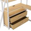 Twin Size Metal&Wood Loft Bed with Desk and Shelves, Two Built-in Drawers, LED Light and USB Charging Station, White