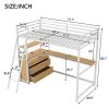 Twin Size Metal&Wood Loft Bed with Desk and Shelves, Two Built-in Drawers, LED Light and USB Charging Station, White