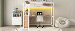 Twin Size Metal&Wood Loft Bed with Desk and Shelves, Two Built-in Drawers, LED Light and USB Charging Station, White