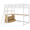 Twin Size Metal&Wood Loft Bed with Desk and Shelves, Two Built-in Drawers, LED Light and USB Charging Station, White