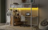 Twin Size Metal&Wood Loft Bed with Desk and Shelves, Two Built-in Drawers, LED Light and USB Charging Station, White