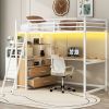 Twin Size Metal&Wood Loft Bed with Desk and Shelves, Two Built-in Drawers, LED Light and USB Charging Station, White