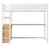 Twin Size Metal&Wood Loft Bed with Desk and Shelves, Two Built-in Drawers, LED Light and USB Charging Station, White