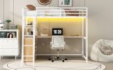 Twin Size Metal&Wood Loft Bed with Desk and Shelves, Two Built-in Drawers, LED Light and USB Charging Station, White