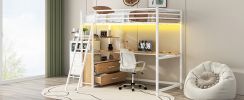 Twin Size Metal&Wood Loft Bed with Desk and Shelves, Two Built-in Drawers, LED Light and USB Charging Station, White