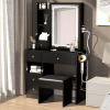Small Space Left Drawer Desktop Vanity Table + Cushioned Stool, 2 AC+2 USB Power Station, Hair dryer bracket