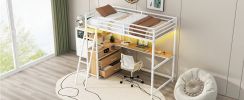 Twin Size Metal&Wood Loft Bed with Desk and Shelves, Two Built-in Drawers, LED Light and USB Charging Station, White