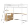 Twin Size Metal&Wood Loft Bed with Desk and Shelves, Two Built-in Drawers, LED Light and USB Charging Station, White