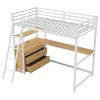 Twin Size Metal&Wood Loft Bed with Desk and Shelves, Two Built-in Drawers, LED Light and USB Charging Station, White