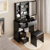 Small Space Left Drawer Desktop Vanity Table + Cushioned Stool, Extra Large Right sliding mirror, Multi Layer High Capacity Storage