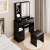 Small Space Left Drawer Desktop Vanity Table + Cushioned Stool, Extra Large Right sliding mirror, Multi Layer High Capacity Storage