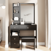 Small Space Left Drawer Desktop Vanity Table + Cushioned Stool, Extra Large Right sliding mirror, Multi Layer High Capacity Storage