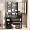 Small Space Left Drawer Desktop Vanity Table + Cushioned Stool, Extra Large Touch Control Sliding LED Mirror, Tri-color Switching