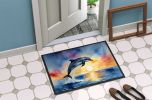 Dolphin Leaping at Sunrise Doormat Front Door Mat Indoor Outdoor Rugs for Entryway, Non Slip Washable Low Pile, 24H X 36W