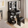 Small Space Left Drawer Desktop Vanity Table + Cushioned Stool, Extra Large Touch Control Sliding LED Mirror, Tri-color Switching